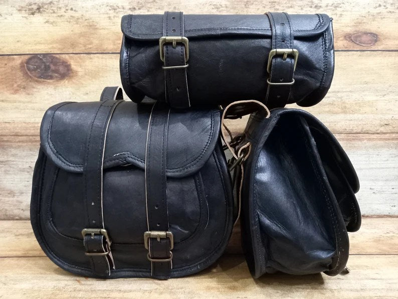 Craftshades Saddle Bags Motorcycle Bag Black Leather Pouch Saddlebag Motorbike Tool Pouch Set of 3 Bags Saddle Leather bag