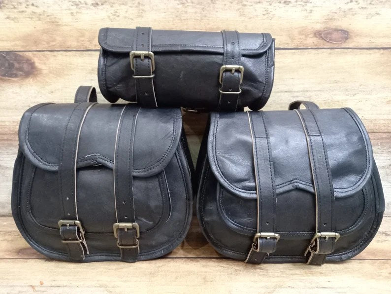 Craftshades Saddle Bags Motorcycle Bag Black Leather Pouch Saddlebag Motorbike Tool Pouch Set of 3 Bags Saddle Leather bag