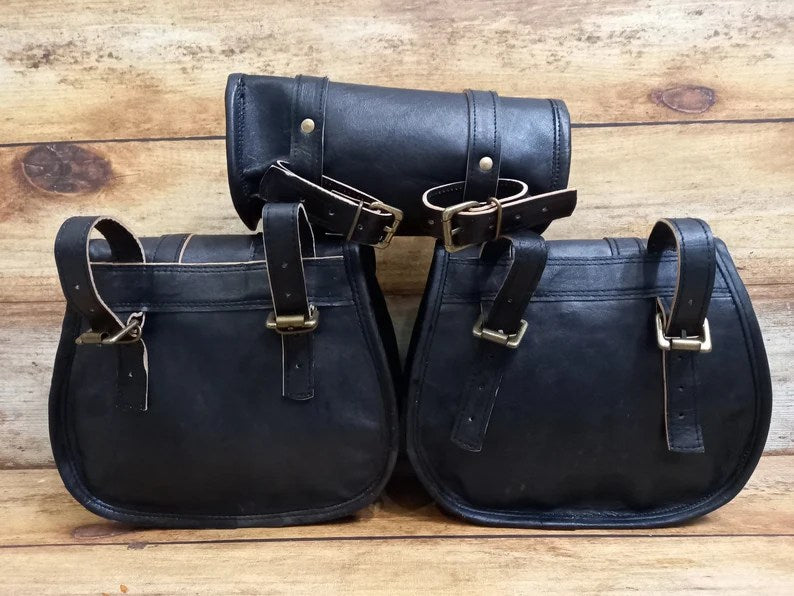 Craftshades Saddle Bags Motorcycle Bag Black Leather Pouch Saddlebag Motorbike Tool Pouch Set of 3 Bags Saddle Leather bag