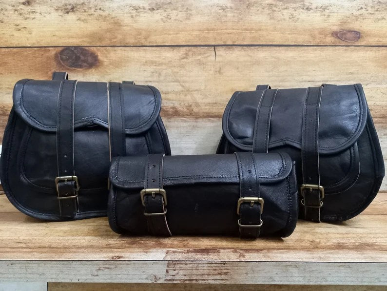 Craftshades Saddle Bags Motorcycle Bag Black Leather Pouch Saddlebag Motorbike Tool Pouch Set of 3 Bags Saddle Leather bag