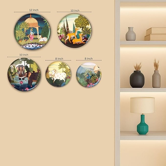 Ritualistic Dwarka Pichwai Wall Sculpture for Home Decoration Wall Painting for Living Room Set of 5 Plates