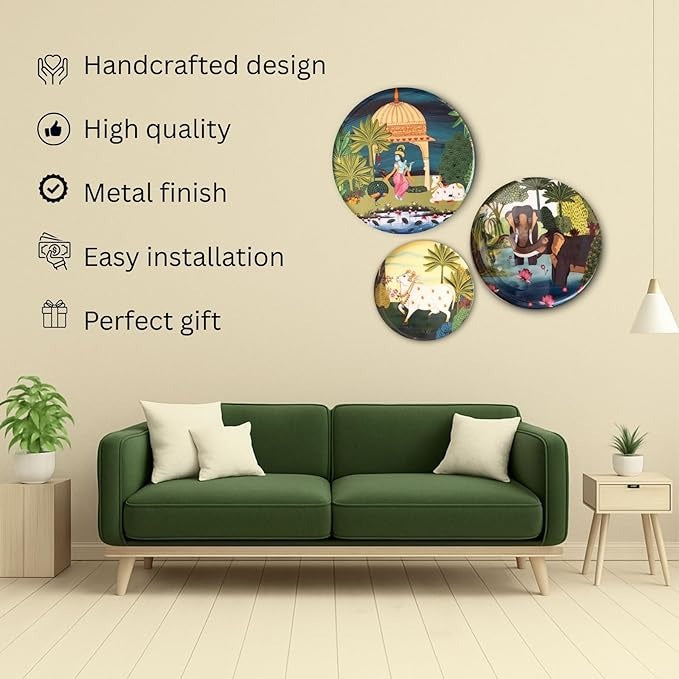Ritualistic Dwarika Pichwai Wall Sculpture for Home Decoration Metal Wall Décor Set of 3