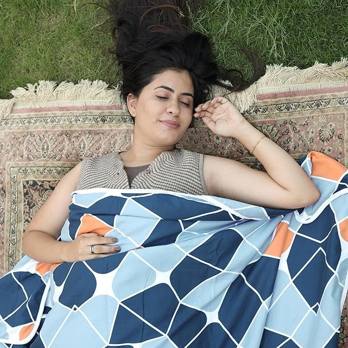 Divine Casa 120 GSM Microfiber Single Dohar Soft & Lightweight Throw Blanket Geometric Pattern Colour Blue-Grey & Orange