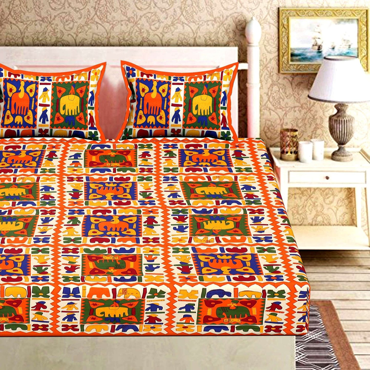 100% Pure Cotton Traditional Printed Bedsheet for Double Bed King Size Bedsheet with 2 Pillow Covers