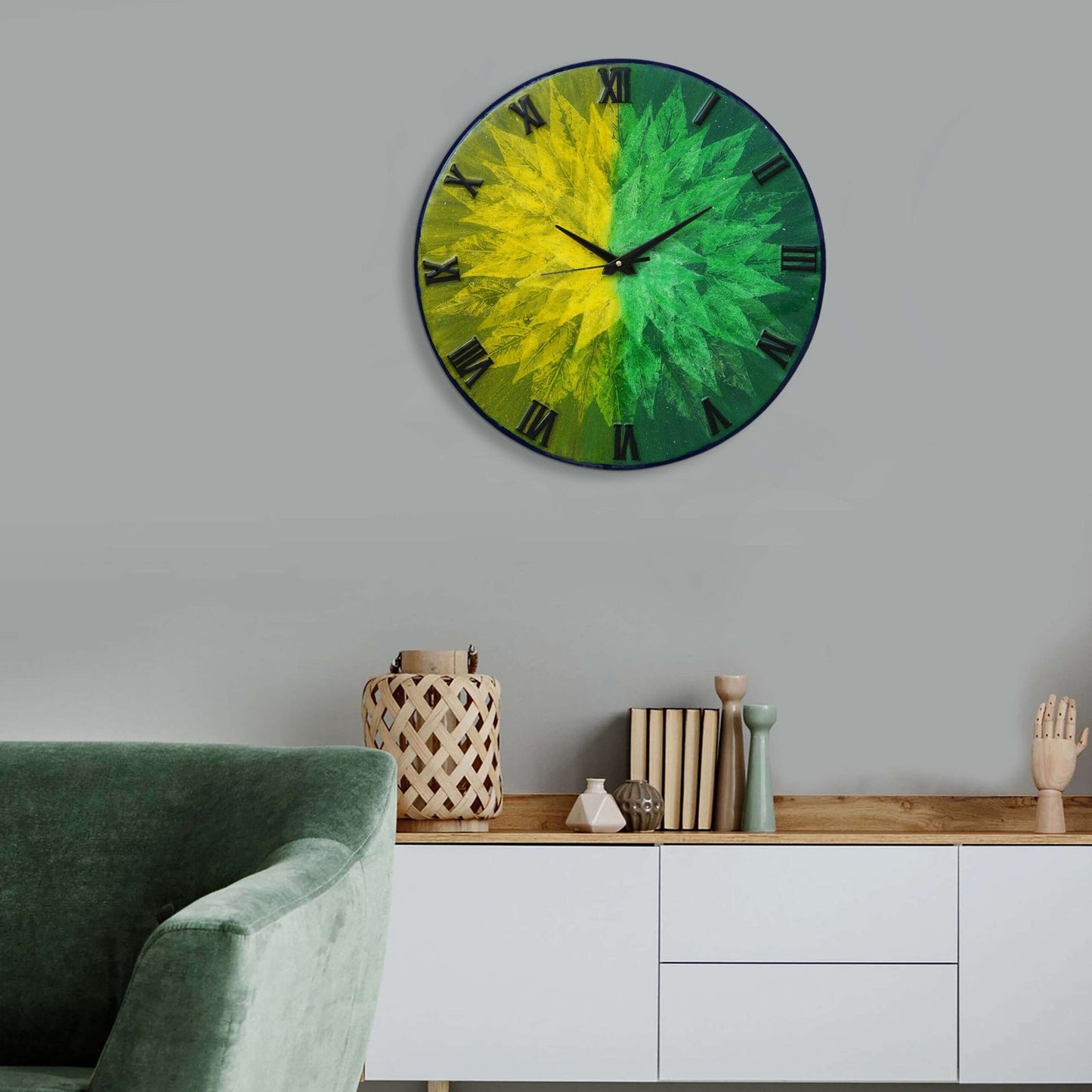 Exquisite Wooden Handmade Wall Clock Green With Yellow And Goldan Printed Acrylic Wall Clock for Home & Office Decorative Big Size Clock (16 Inch)
