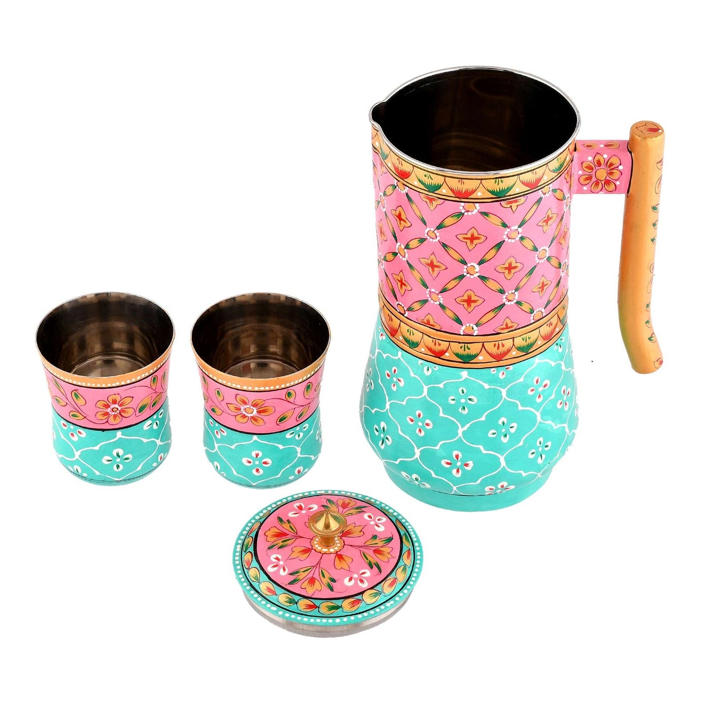 Aluminium Jug Set with 2 Glass Tumblers – 21 cm for kitchen décor ,Table Top , And Home Decoration