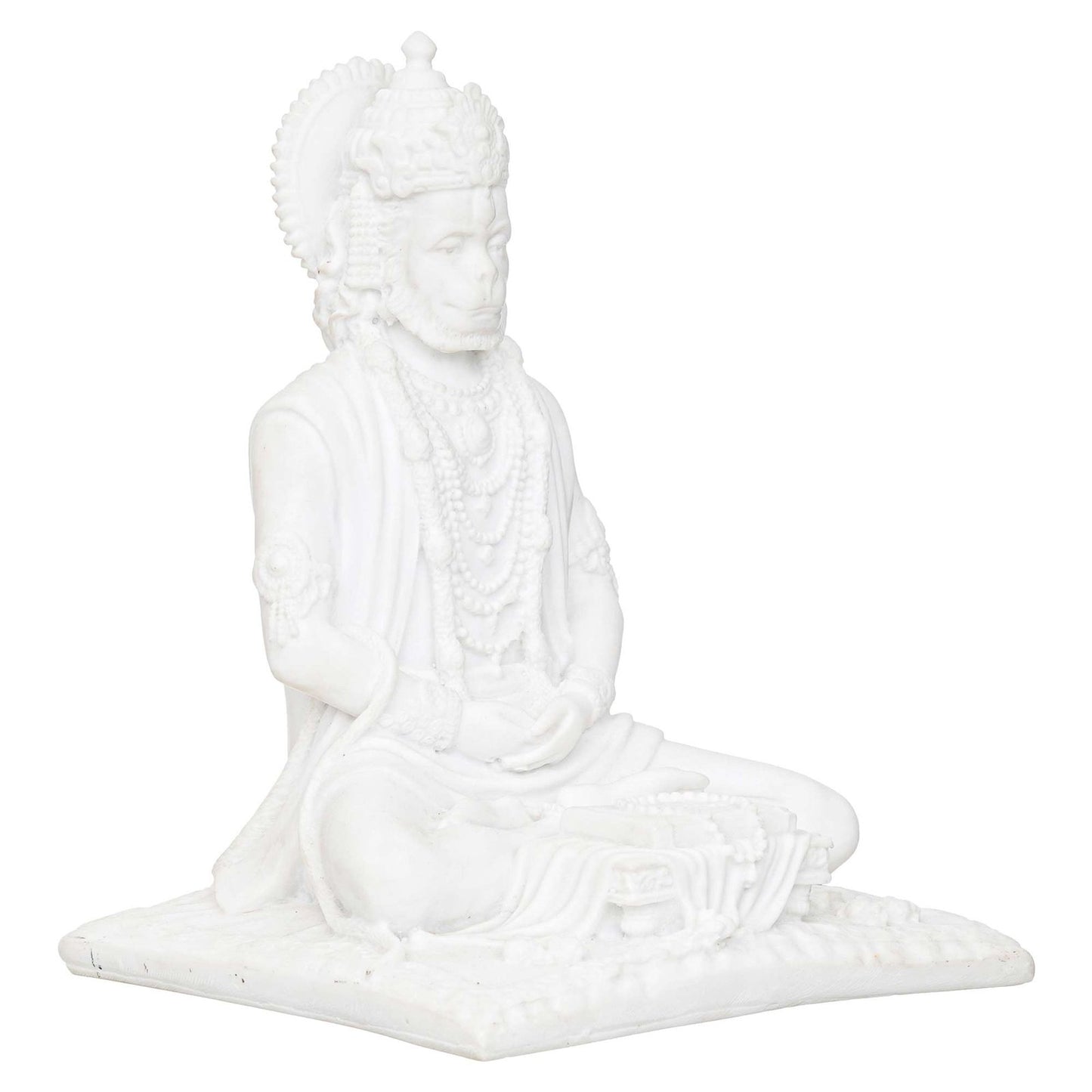 White Marble Lord Hanuman Sitting Statue with gada & Reading Book Decorative Showpiece