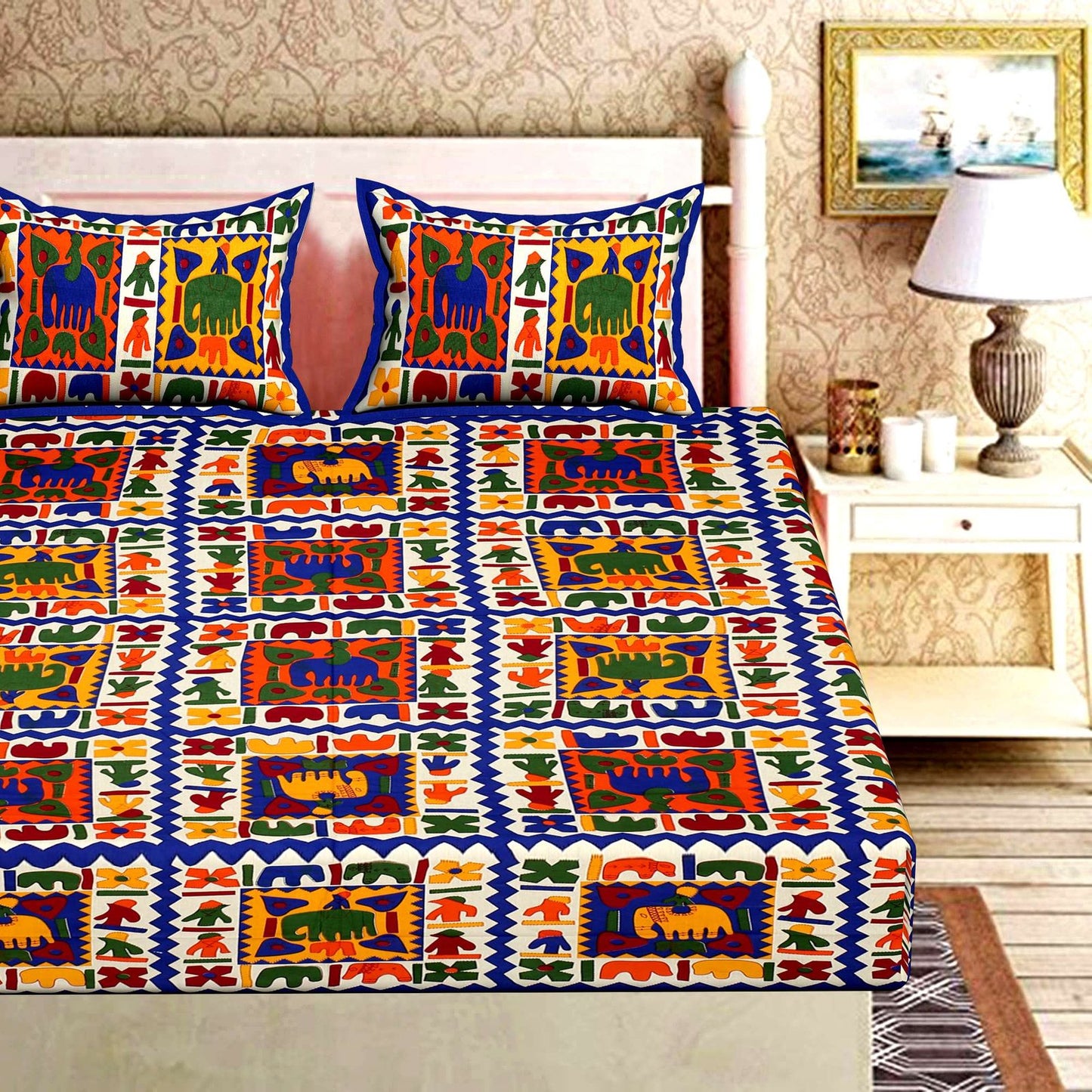100% Pure Cotton Traditional Printed Bedsheet for Double Bed King Size Bedsheet with 2 Pillow Covers