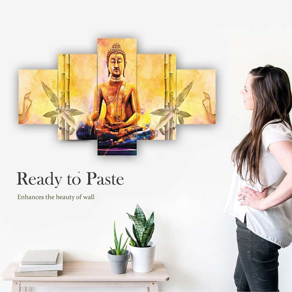 Buddha Set of Five 3D Framed Paintings for Wall Decoration – Ideal for Home, Living Room, and Bedroom (125 x 60 CM)