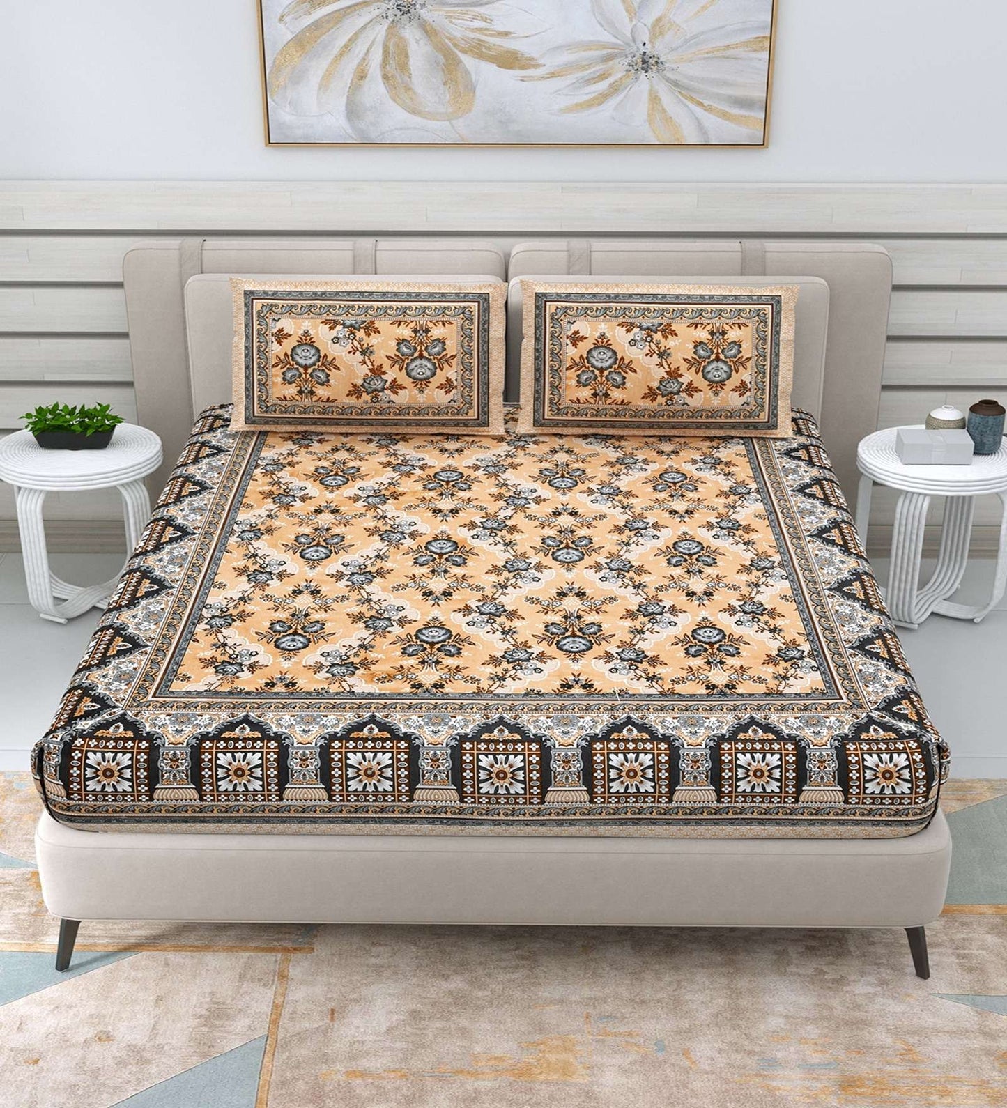 100% Pure Cotton Traditional Printed Bedsheet for Double Bed King Size Bedsheet with 2 Pillow Covers