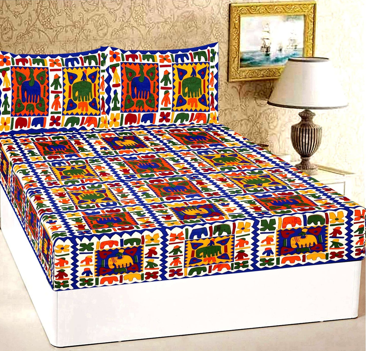 100% Pure Cotton Traditional Printed Bedsheet for Double Bed King Size Bedsheet with 2 Pillow Covers