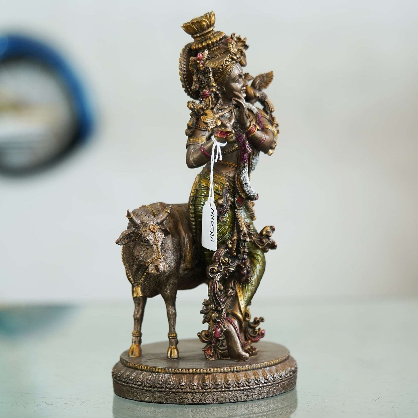 Veronese Design Krishna Playing Flute with Cow Statue