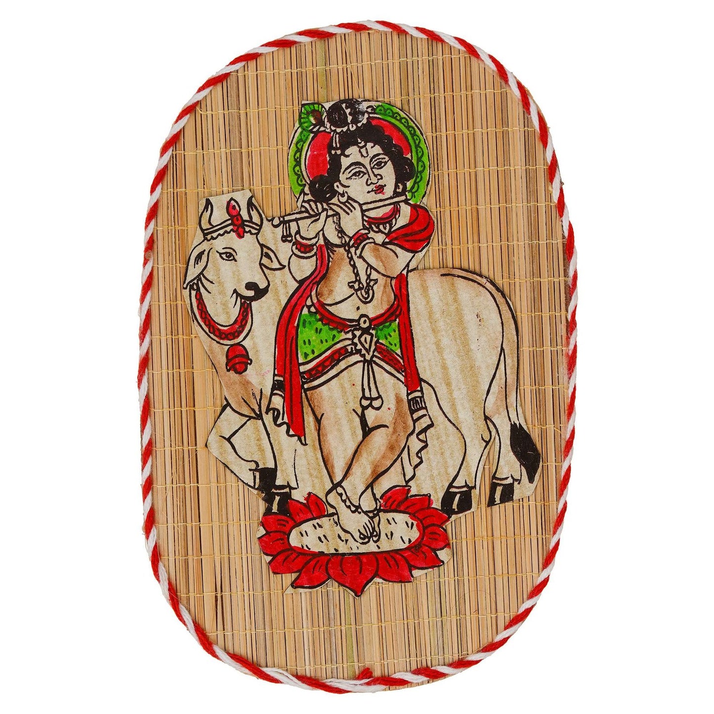 Oval Shaped Design Bamboo Hand Crafted Wall Hangings Of Bal Gopal With Holy Cow For Home D’cor | Bamboo Art For Wall Decor