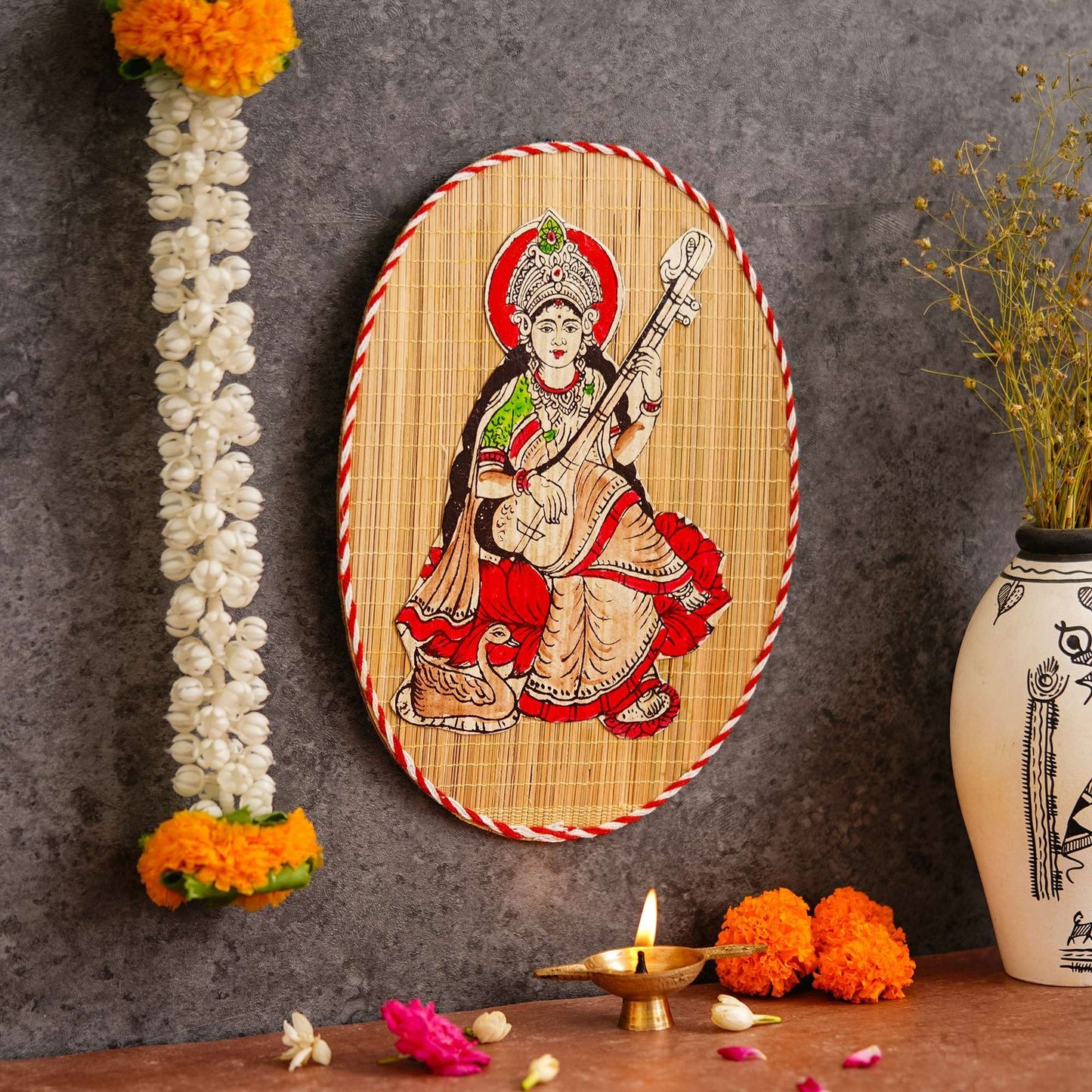 Oval Shaped Design Bamboo Hand Crafted Wall Hangings Of Godess Sarwasti Ji For Home D’cor