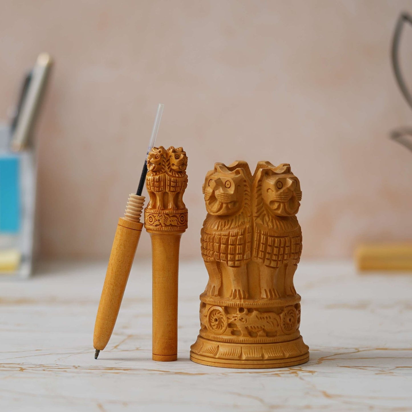 Handcrafted Wooden Ashoka Pillar Replica: Symbol of Indian Heritage