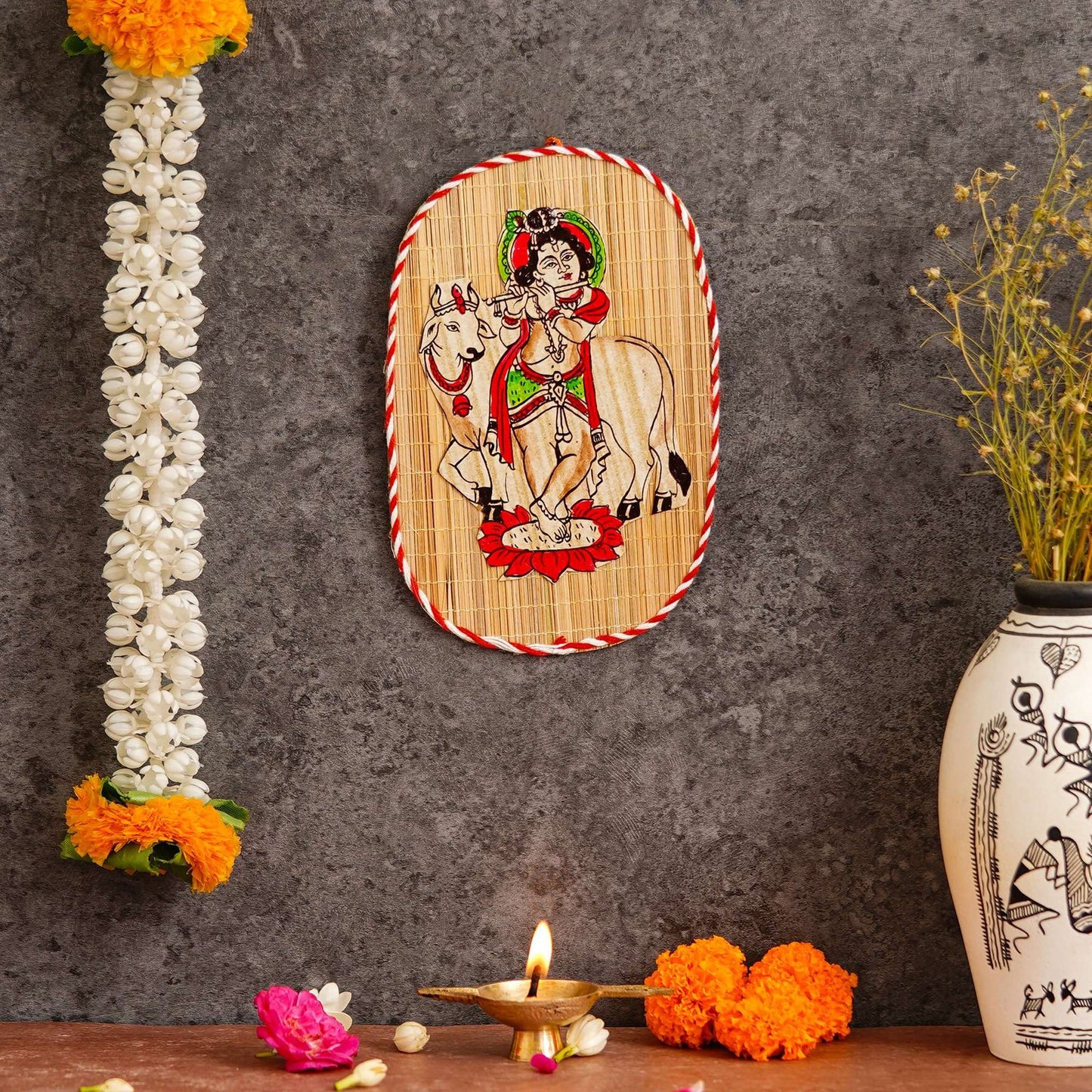 Oval Shaped Design Bamboo Hand Crafted Wall Hangings Of Bal Gopal With Holy Cow For Home D’cor | Bamboo Art For Wall Decor