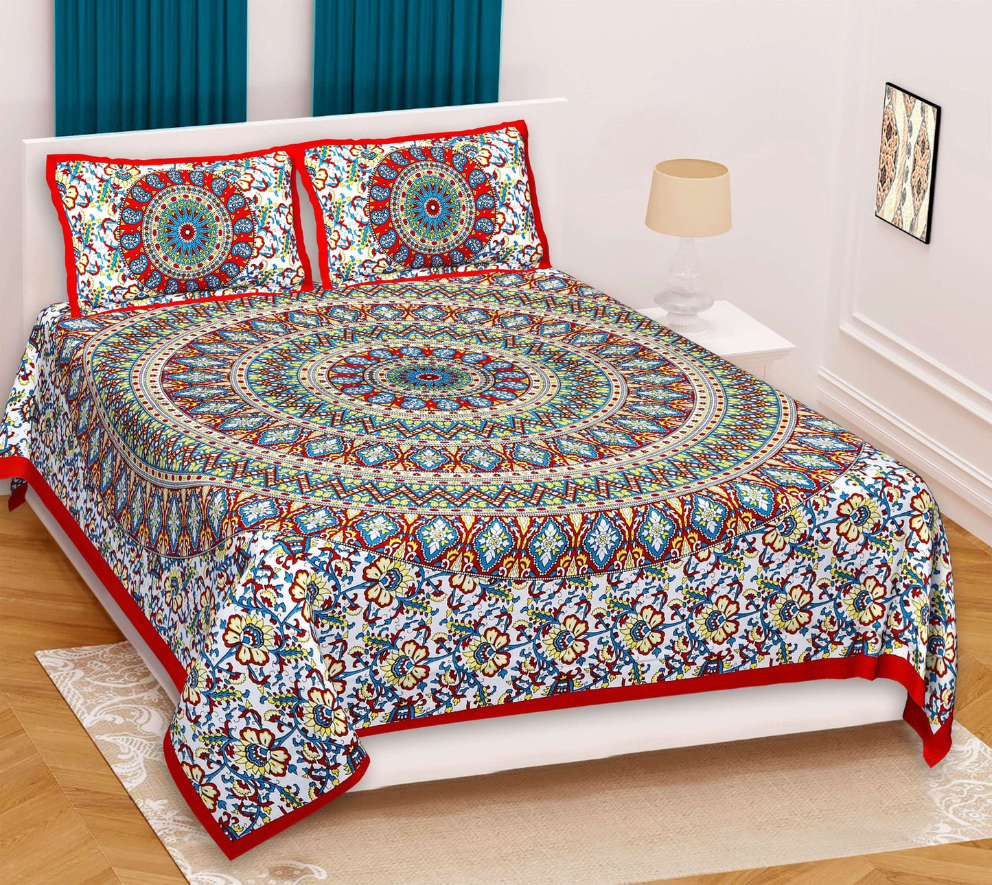 100% Pure Cotton Traditional Printed Bedsheet for Double Bed King Size Bedsheet with 2 Pillow Covers