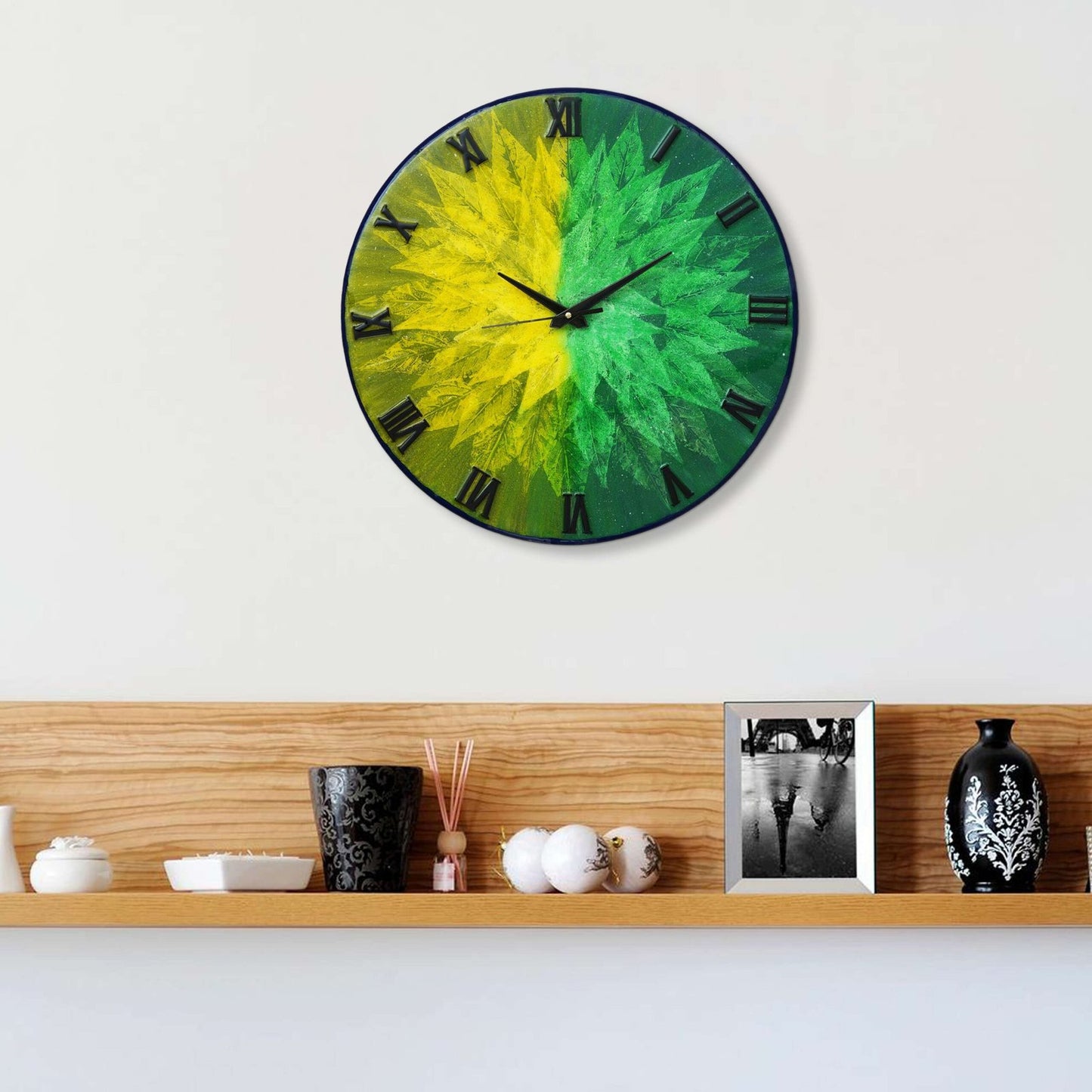Exquisite Wooden Handmade Wall Clock Green With Yellow And Goldan Printed Acrylic Wall Clock for Home & Office Decorative Big Size Clock (16 Inch)