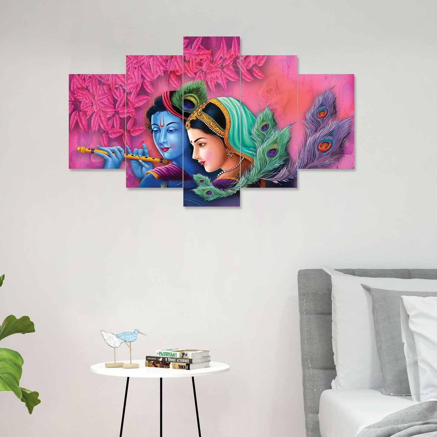 Radhe Krishna Set of Five 3D Framed Paintings for Wall Decoration – Ideal for Home, Living Room, and Bedroom (125 x 60 CM)
