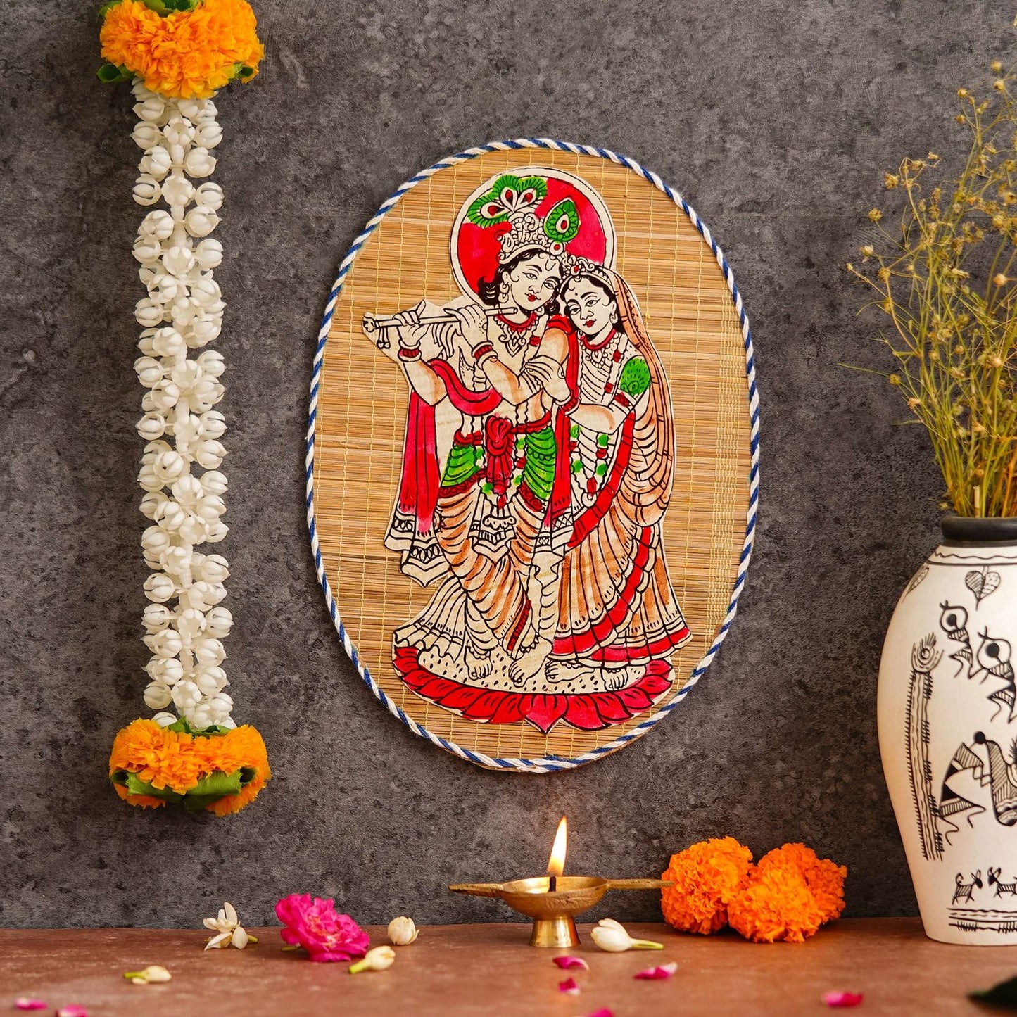 Oval Shaped Design Bamboo Hand Crafted Wall Hangings Of Krishna Ji With Radha Ji For Home D’cor | Bamboo Art For Wall Decor