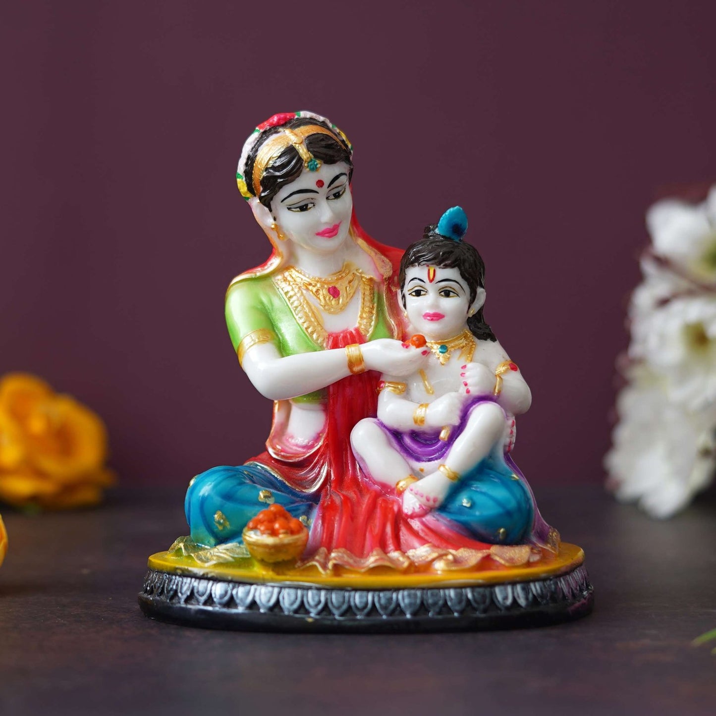 Hand-Painted Marble Yashoda and Krishna Statue (9 inches)