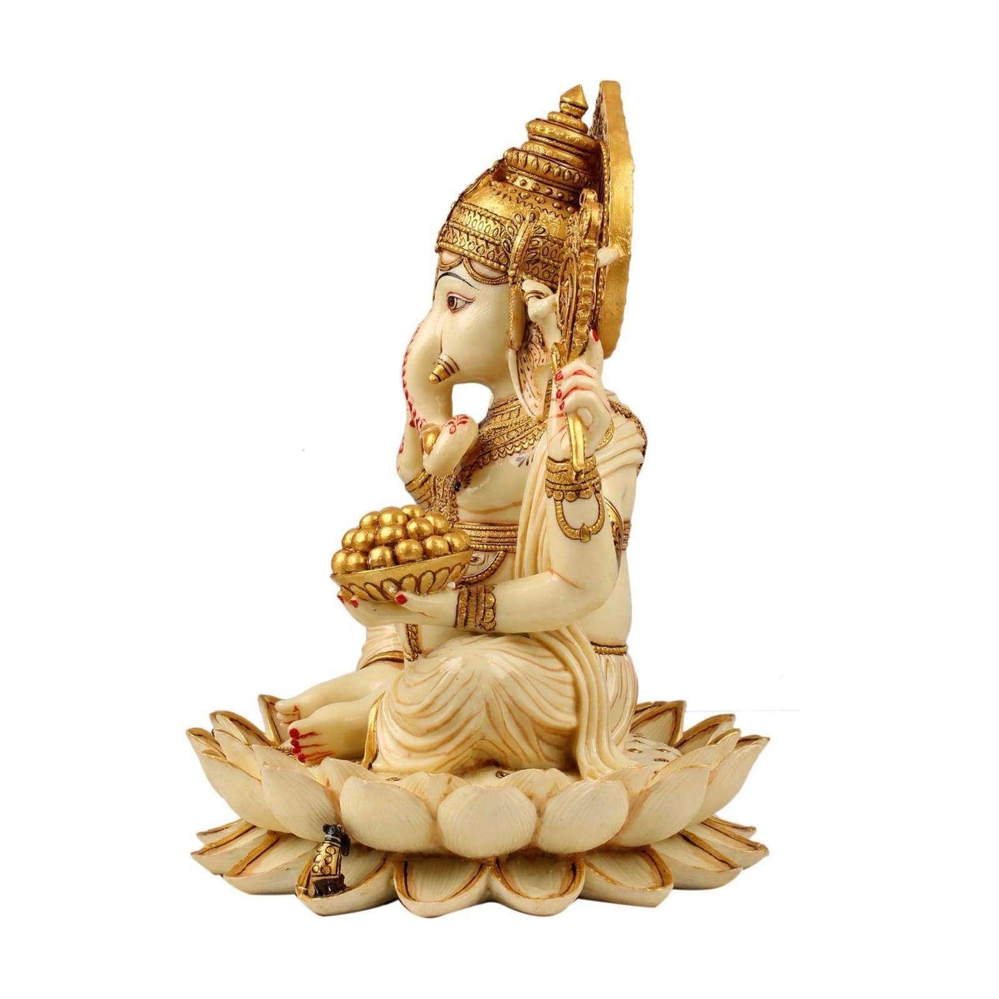 Graceful Ganesha Standing Marble Idol with Modak & Flower Detail