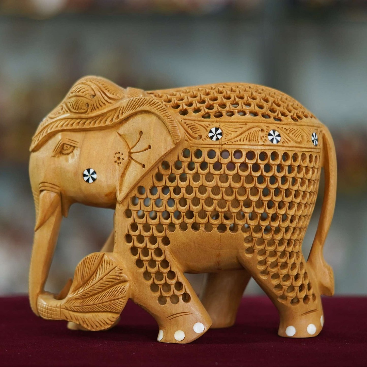 Wood Carving Undercut Jali Work Elephant Statue Beautiful Decorative Showpiece Figurine for Home Decor & Gift Purpose
