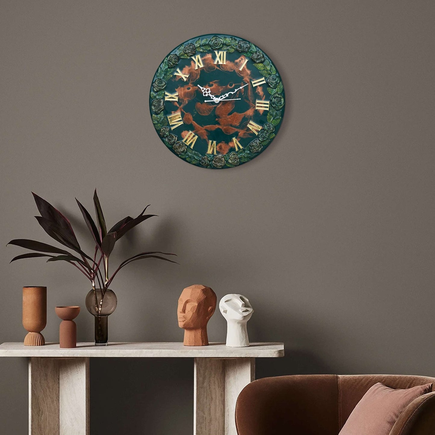 Exquisite Wooden Handmade Wall Clock Green With Brown Printed Acrylic Wall Clock for Home & Office Decorative Big Size Clock (16 Inch)