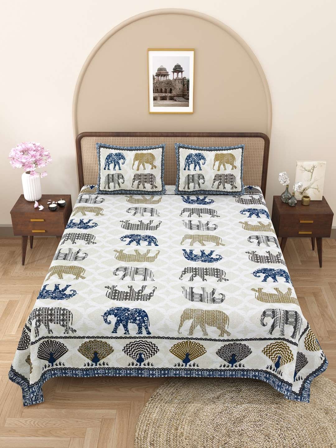 100% Pure Cotton Traditional Printed Bedsheet for Double Bed King Size Bedsheet with 2 Pillow Covers