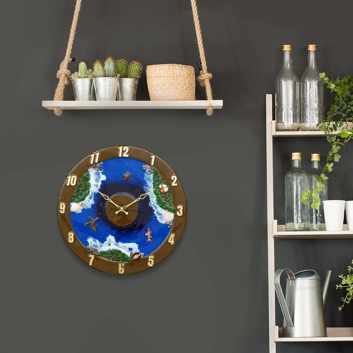 Exquisite Wooden Handmade Wall Clock Ocen Blue ith Green And White Printed Acrylic Wall Clock For Home & Office Decorative Big Size Clock (16 Inch)