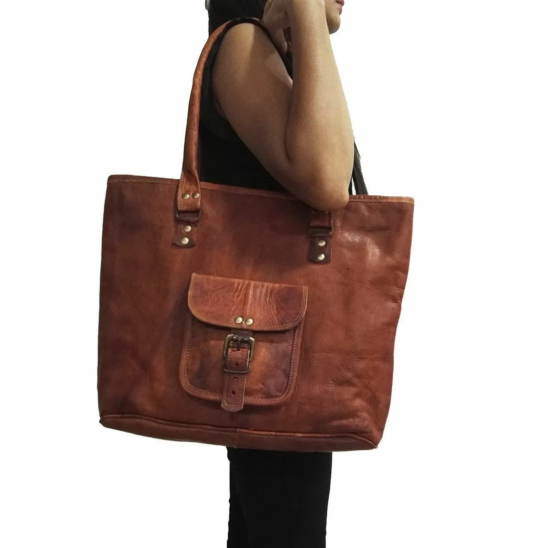 Craftshades – 13 inch Handcrafted Leather Women’s with pocket Tote Bag | 100% Genuine Leather