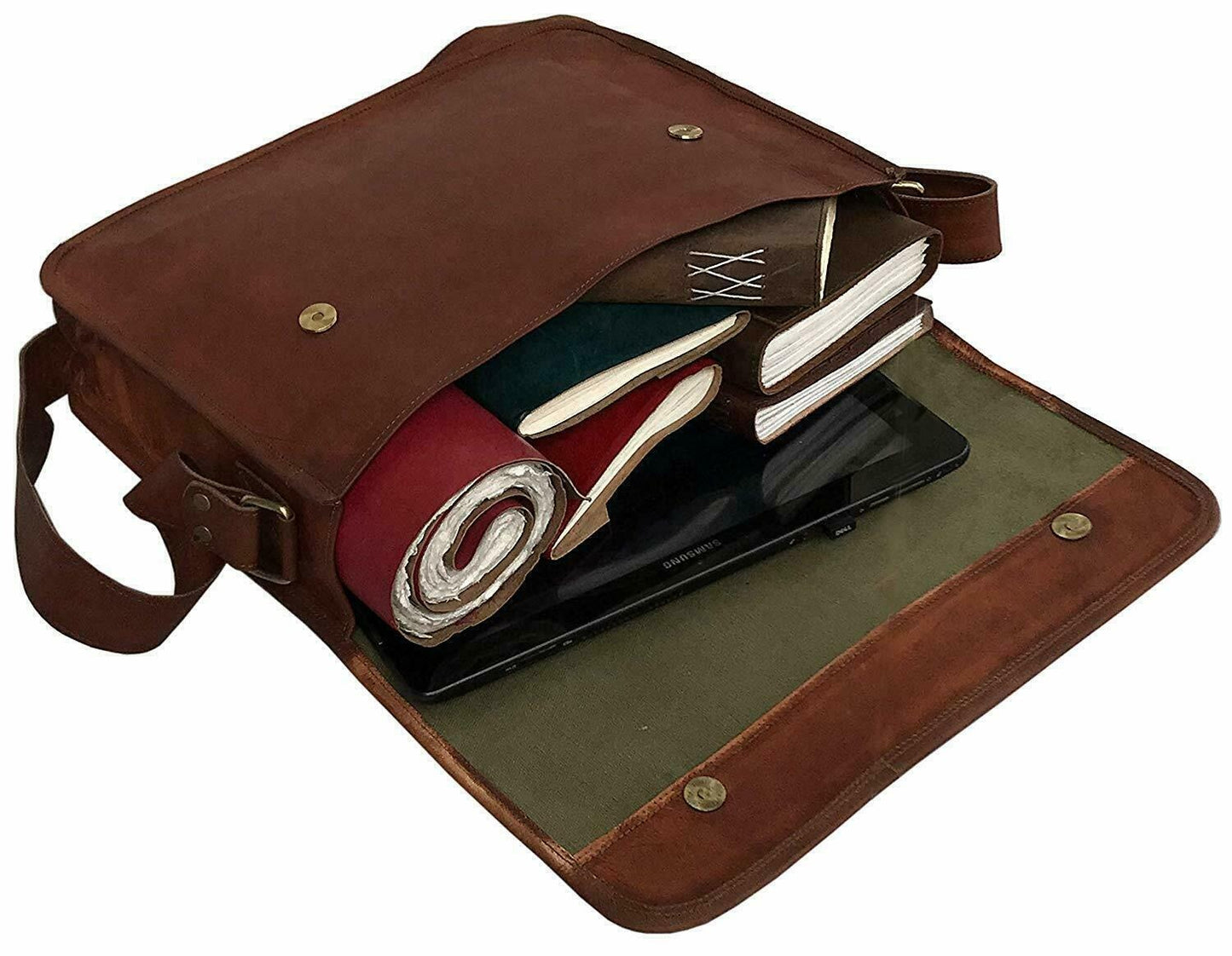 Craftshades – 11*15″ Half Flap Handcrafted Messenger Goat Leather Bag (Brown Tan) | 100% Genuine Leather