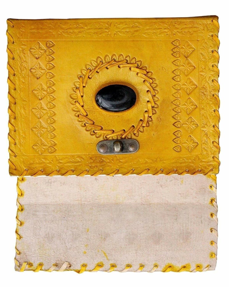 Craftshades – Metal Lock Single Stone Yellow Embossed Design 7″5 Handcrafted Leather Journal/Diary 100 page | 100% Genuine Leather