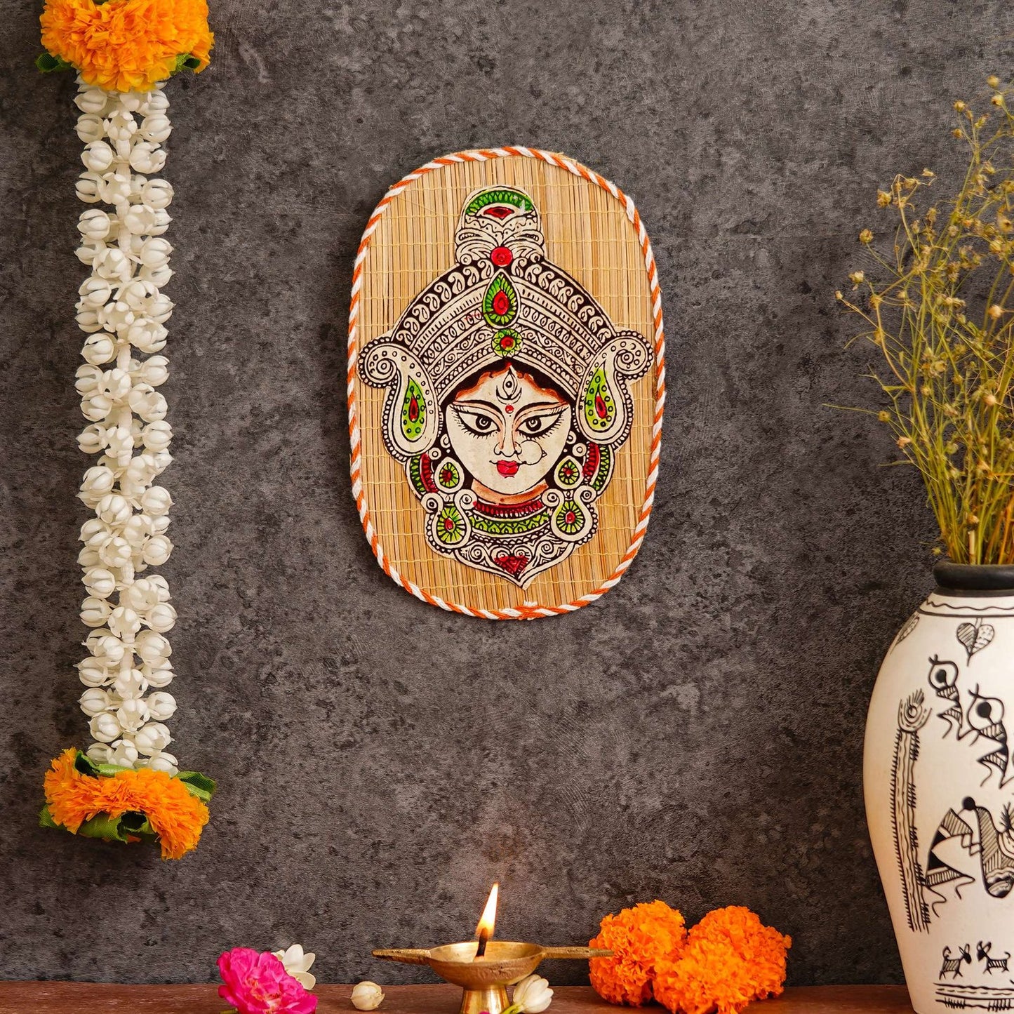 Oval Shaped Design Bamboo Hand Crafted Wall Hangings Durga Ji For Home D?cor | Bamboo Art For Wall Decor