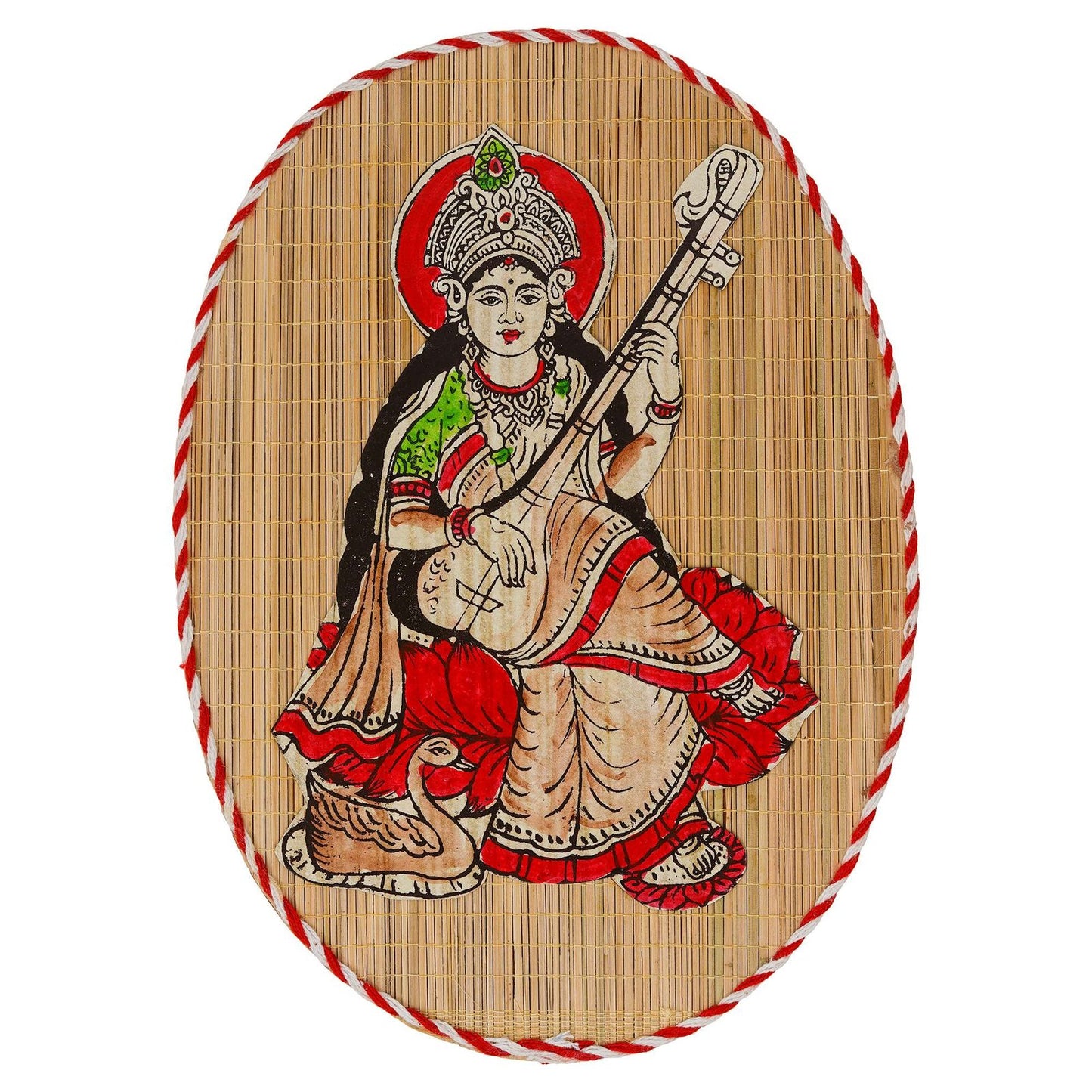 Oval Shaped Design Bamboo Hand Crafted Wall Hangings Of Godess Sarwasti Ji For Home D’cor