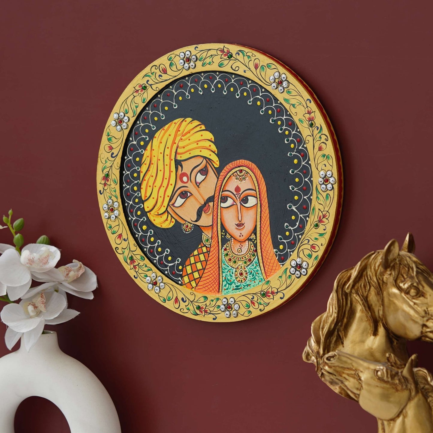 Pichwai Painting on Wall hanging plate beautiful rajasthani man & woman pichwai plate