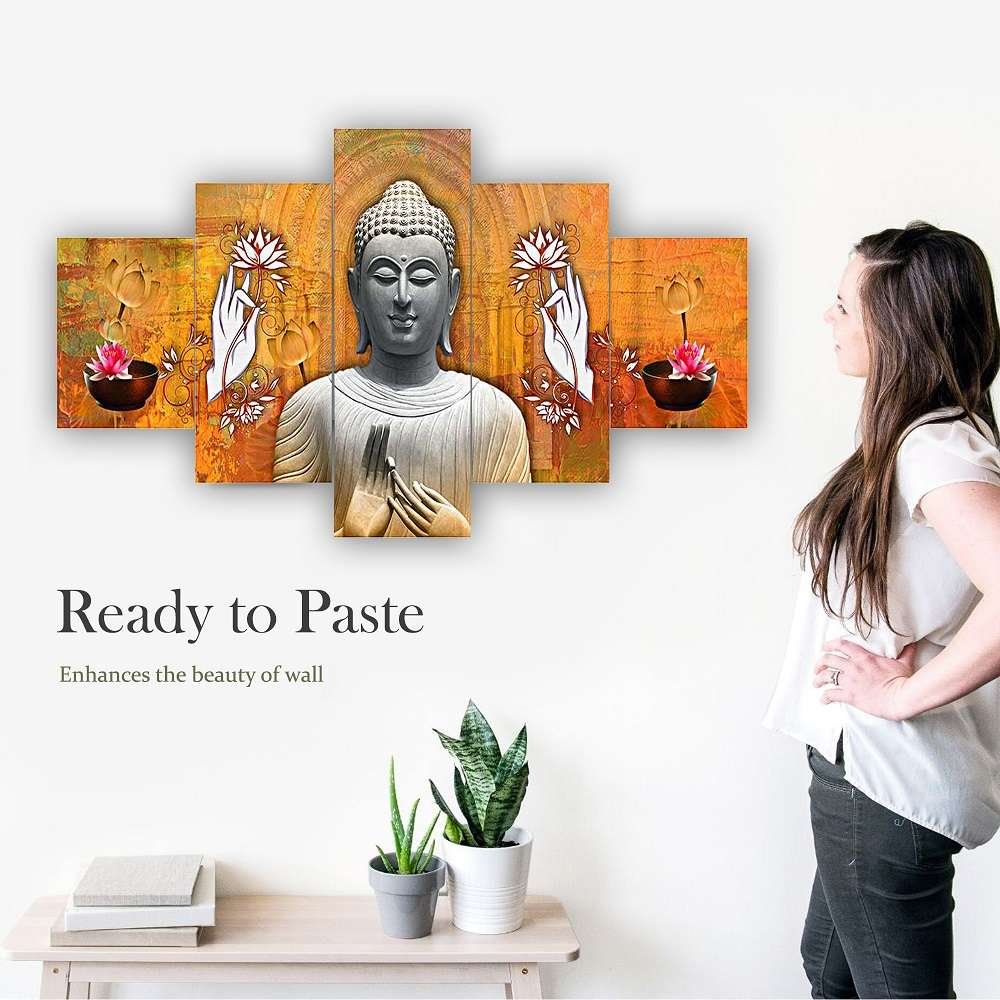 Buddha Set of Five 3D Framed Paintings for Wall Decoration – Ideal for Home, Living Room, and Bedroom (125 x 60 CM)