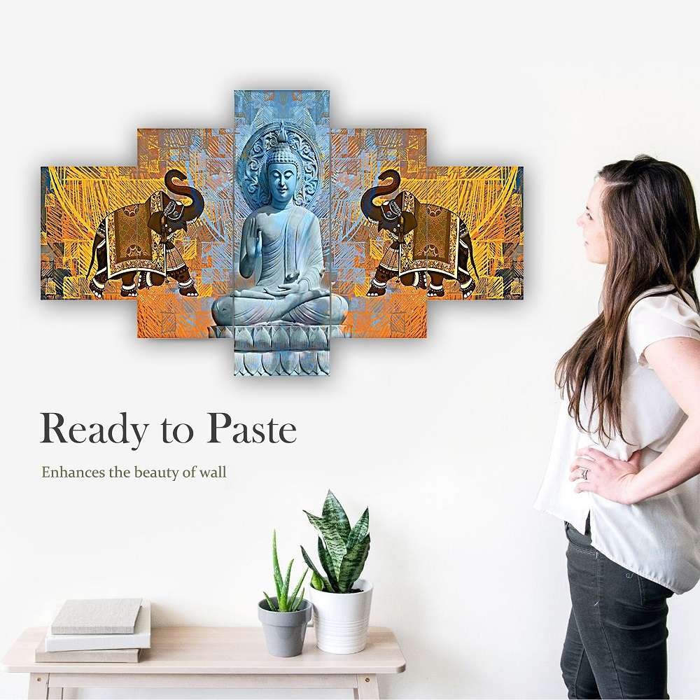Buddha Set of Five 3D Framed Paintings for Wall Decoration – Ideal for Home, Living Room, and Bedroom (125 x 60 CM)