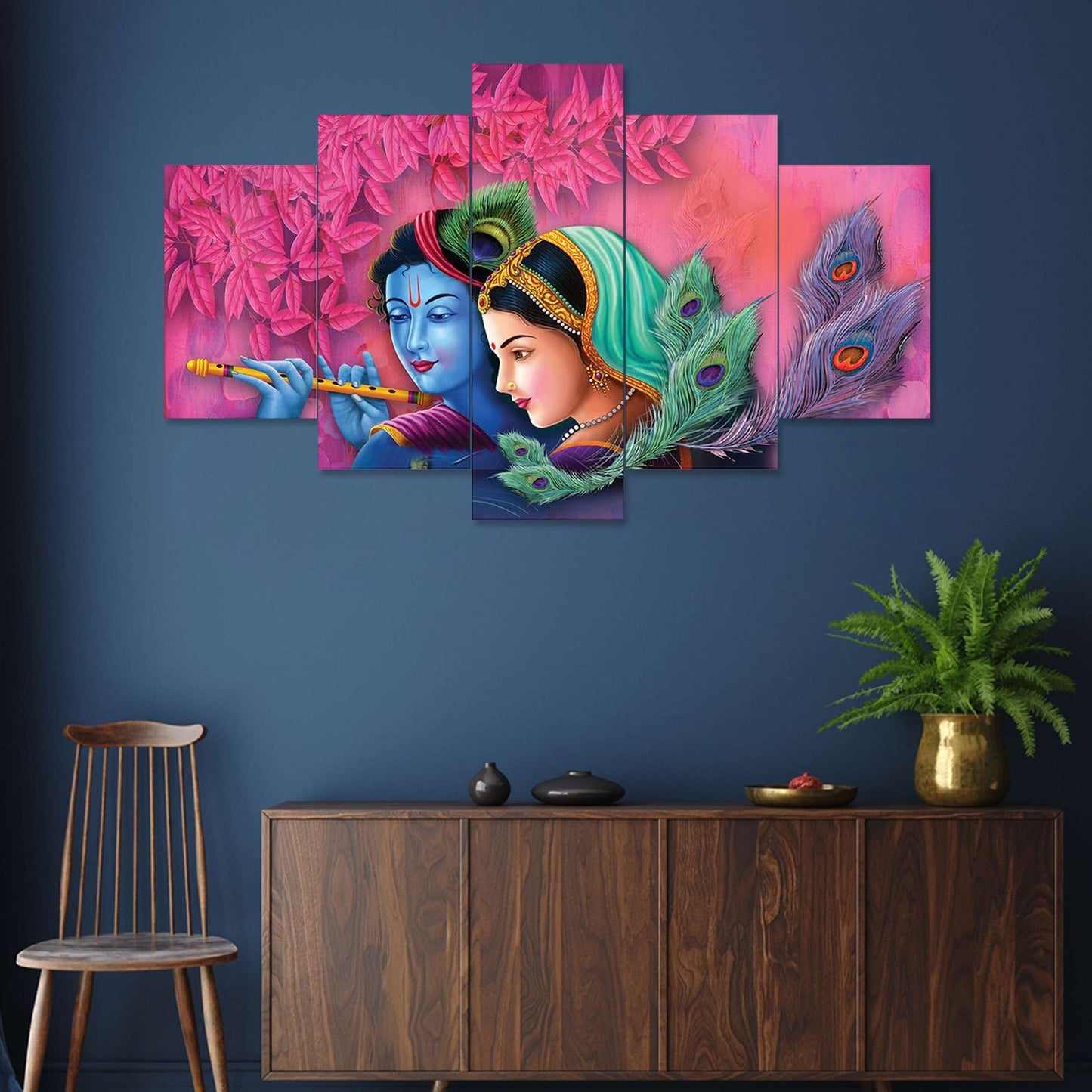 Radhe Krishna Set of Five 3D Framed Paintings for Wall Decoration – Ideal for Home, Living Room, and Bedroom (125 x 60 CM)