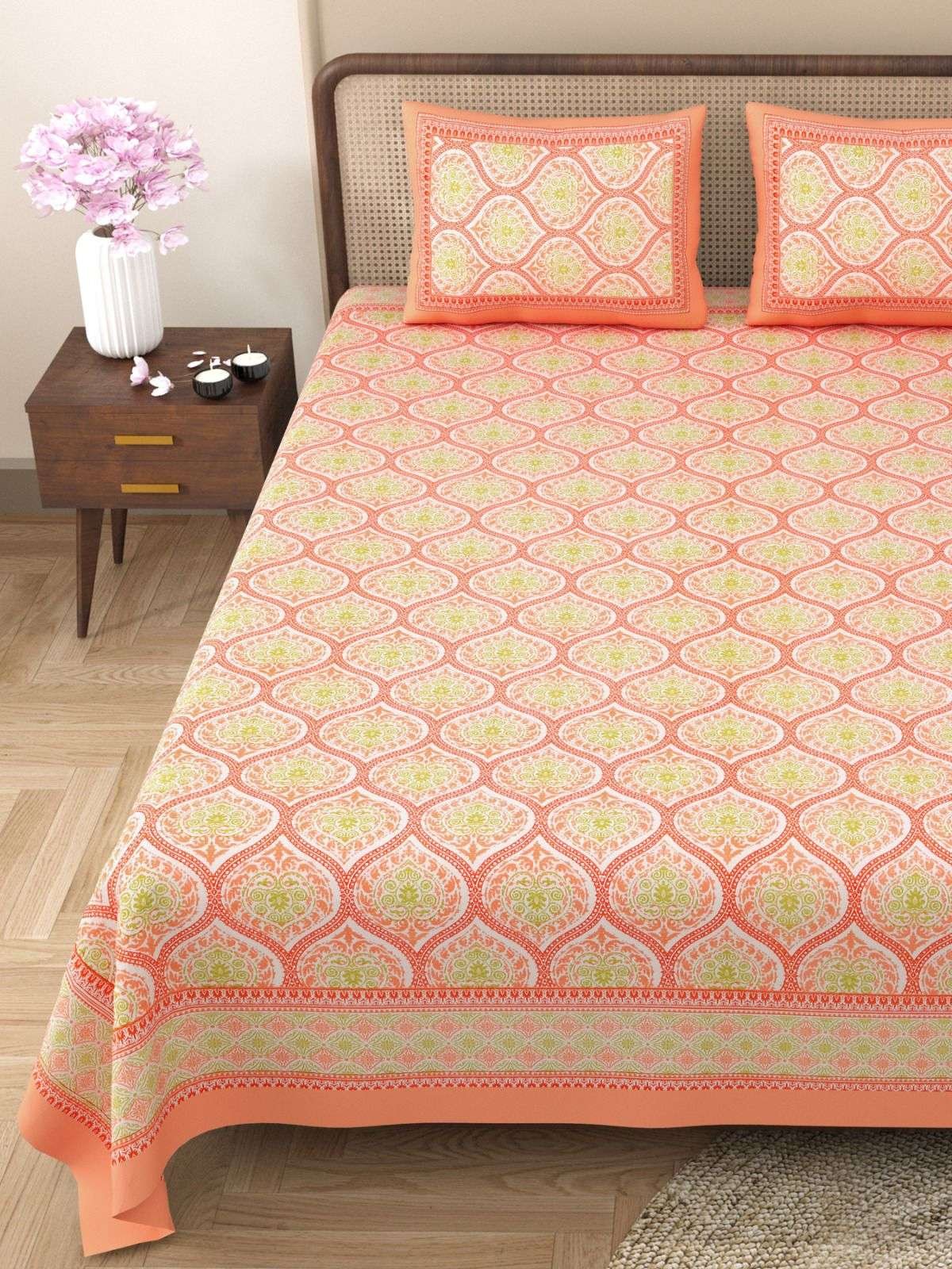 100% Pure Cotton Traditional Printed Bedsheet for Double Bed King Size Bedsheet with 2 Pillow Covers