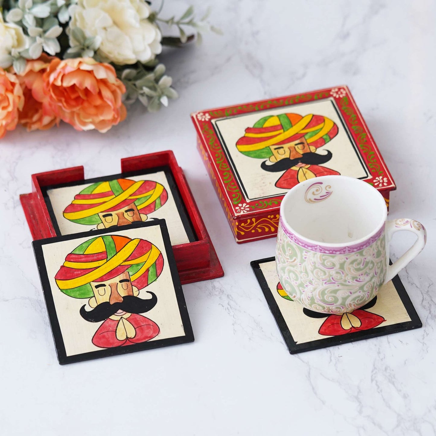 Handcrafted Rajasthani Wooden Tea Coasters: Exquisite Table Decor from India.
