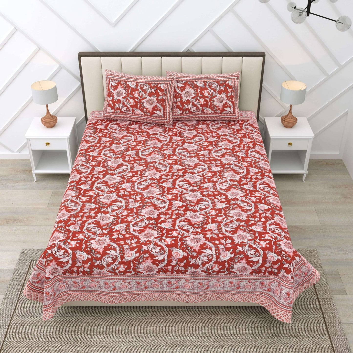100% Pure Cotton Traditional Printed Bedsheet for Double Bed King Size Bedsheet with 2 Pillow Covers