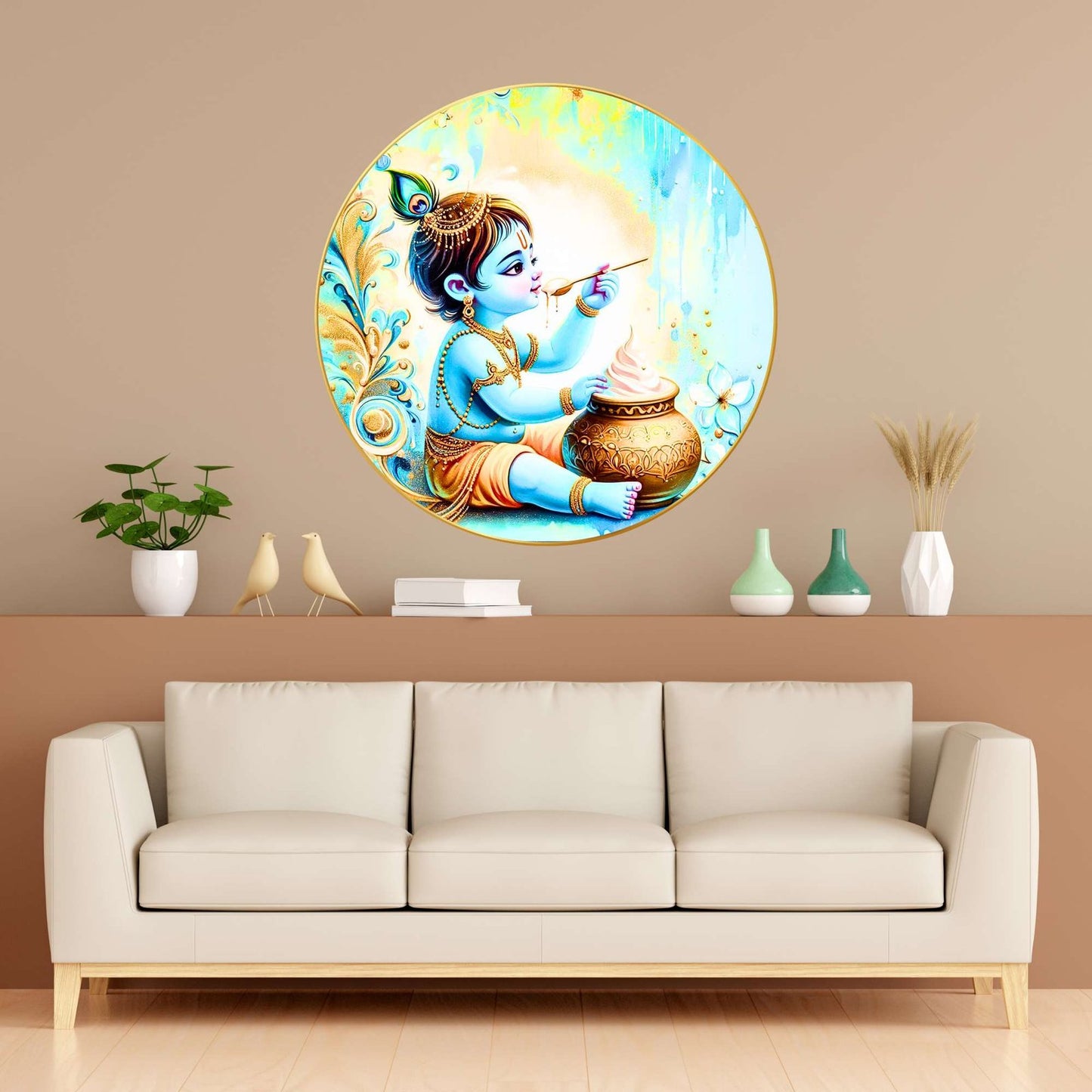 Krishna as Child Wall Hanging Makhan Chor Round Poster for Home Mandir & Baby Room Golden Framed