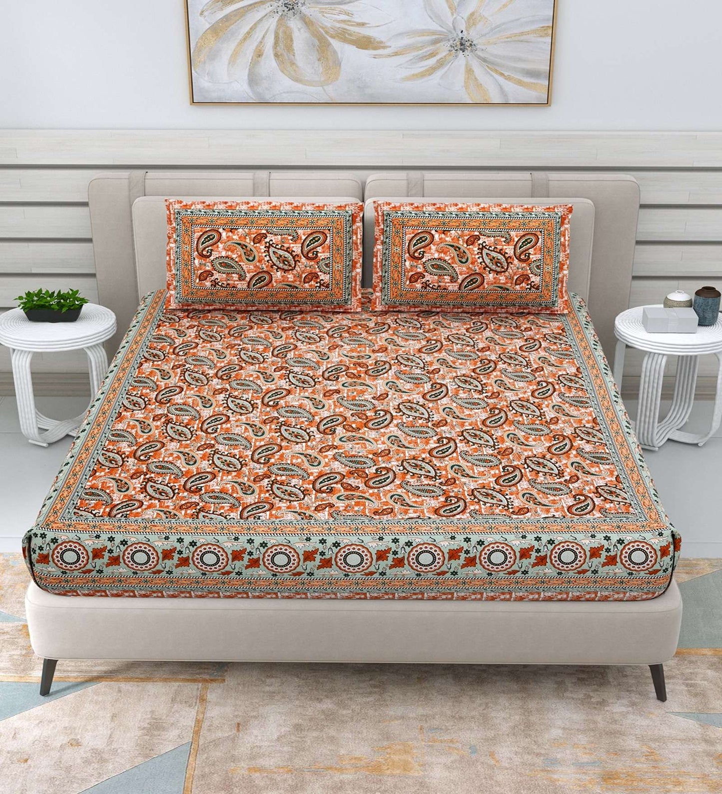 100% Pure Cotton Traditional Printed Bedsheet for Double Bed King Size Bedsheet with 2 Pillow Covers