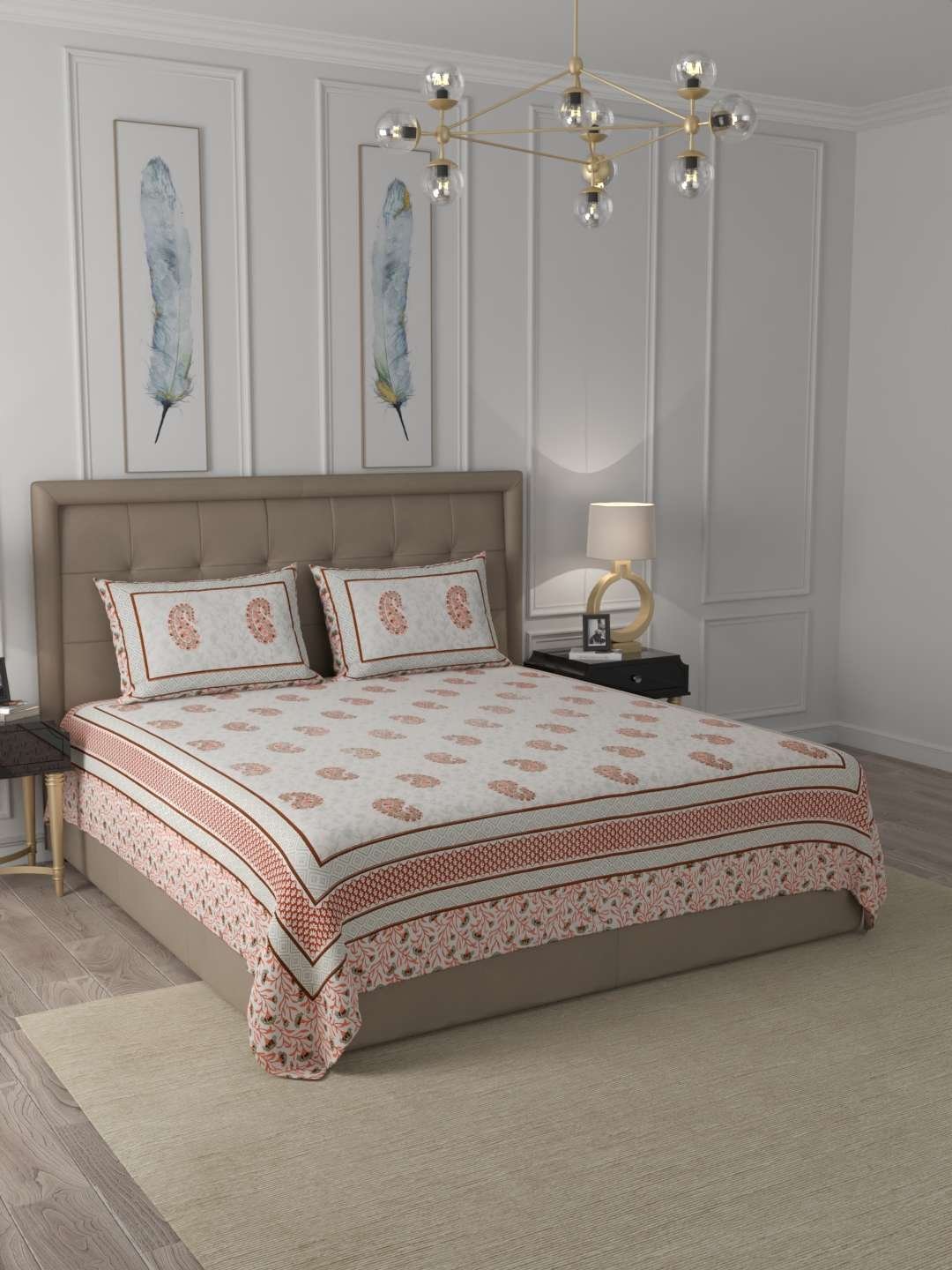 100% Pure Cotton Traditional Printed Bedsheet for Double Bed King Size Bedsheet with 2 Pillow Covers
