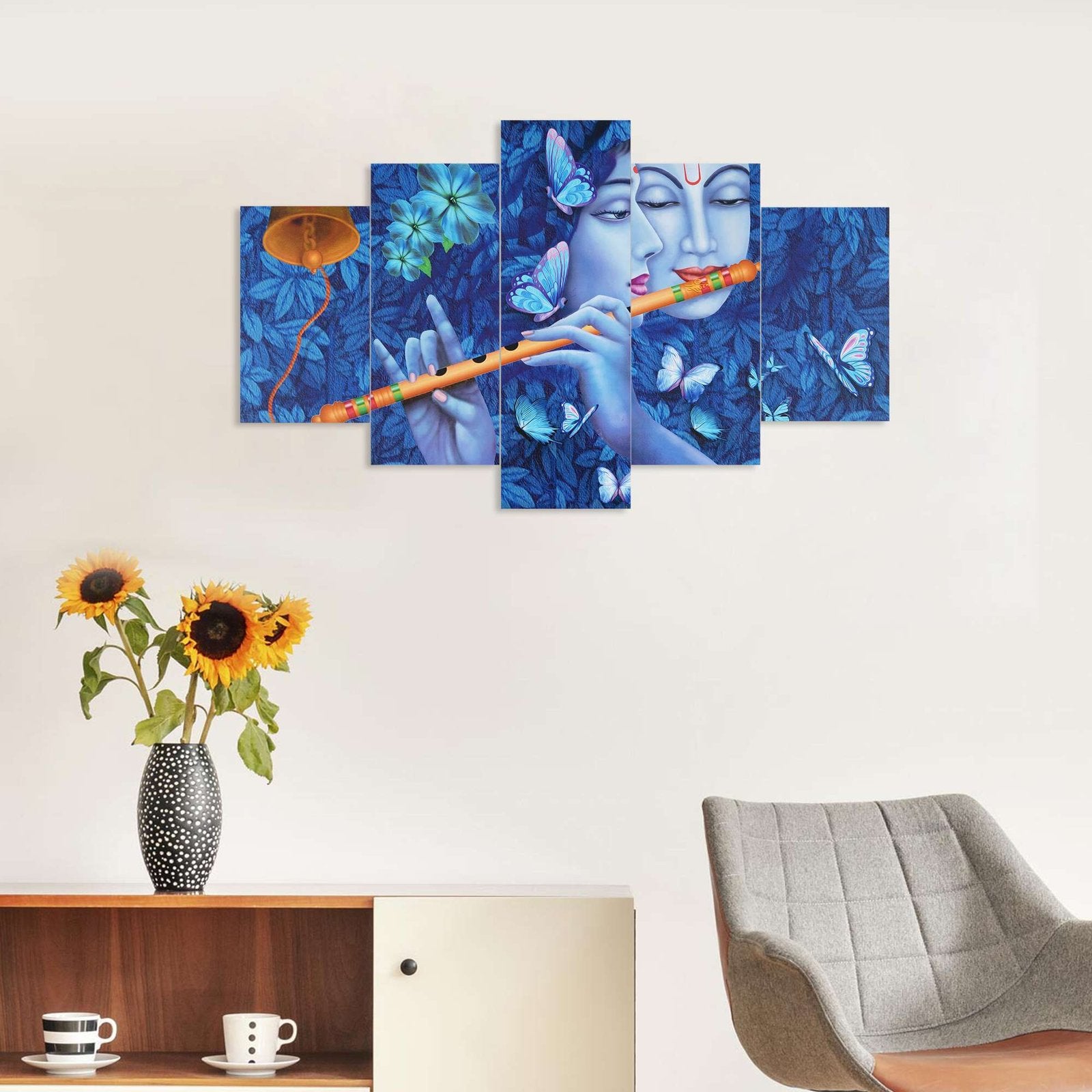Radhe Krishna Set of Five 3D Framed Paintings for Wall Decoration – Ideal for Home, Living Room, and Bedroom (125 x 60 CM)