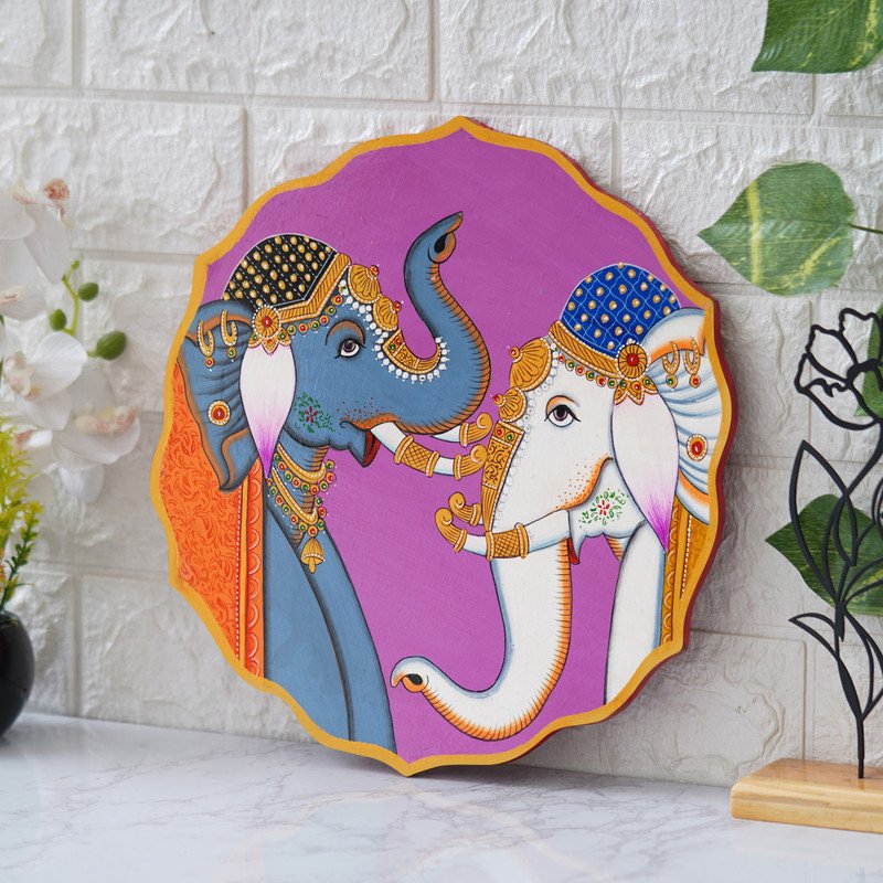 A Beautiful Pichwai Painting of two Elephants Standing Next to Each Other on a Purple Plate