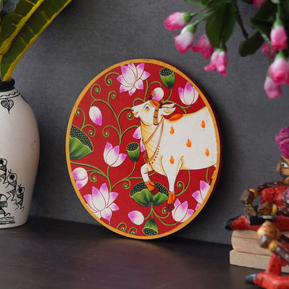 White Cow with Lotus Flowers in a Circle on a Red Background