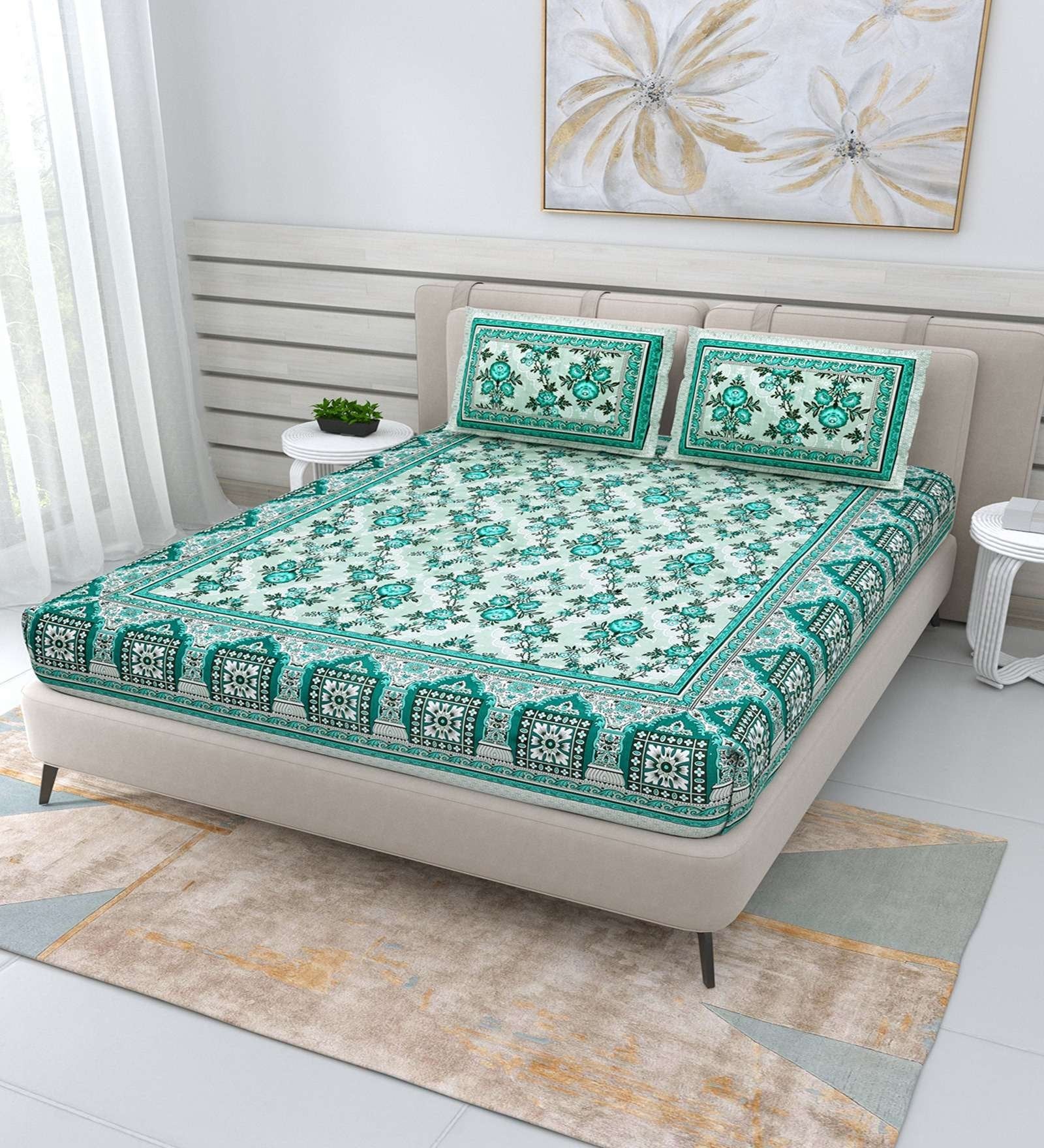 100% Pure Cotton Traditional Printed Bedsheet for Double Bed King Size Bedsheet with 2 Pillow Covers