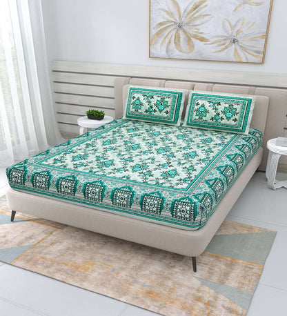 100% Pure Cotton Traditional Printed Bedsheet for Double Bed King Size Bedsheet with 2 Pillow Covers